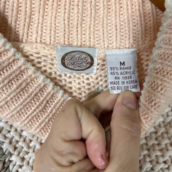 Vintage Sweater Medium Pink Gray Fair Isle Cable Knit Open Picket Poot Coquette - Picture 8 of 12